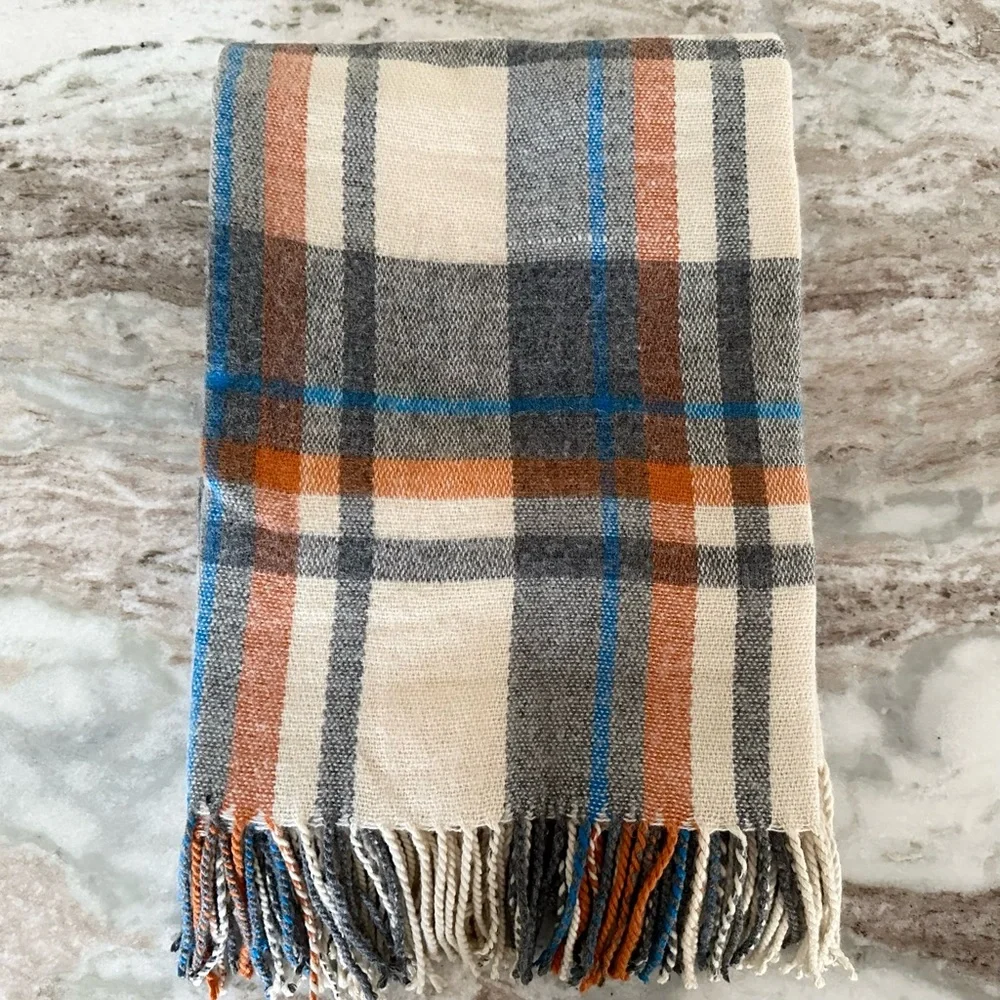 Oversized Fall Plaid Cozy Heavyweight Blanket Scarf - Cream Orange Blue Grey